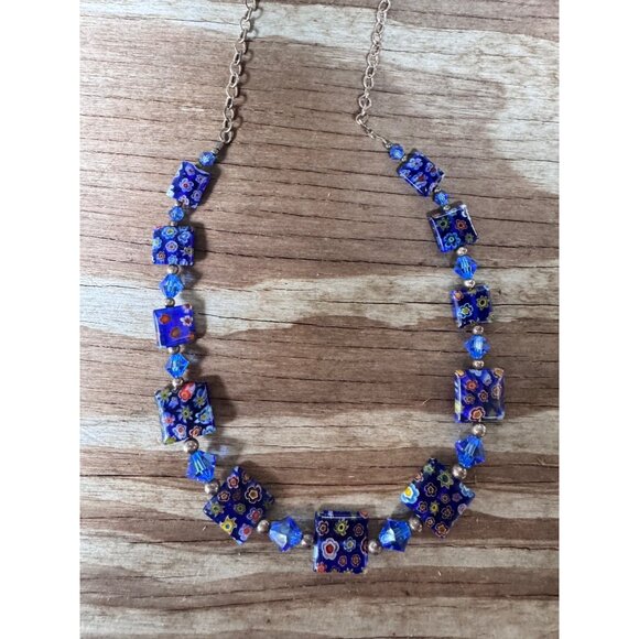 Handcrafted Millefiori Glass Necklace With Adjustable Chain & Floral Blue Beads - Picture 6 of 6